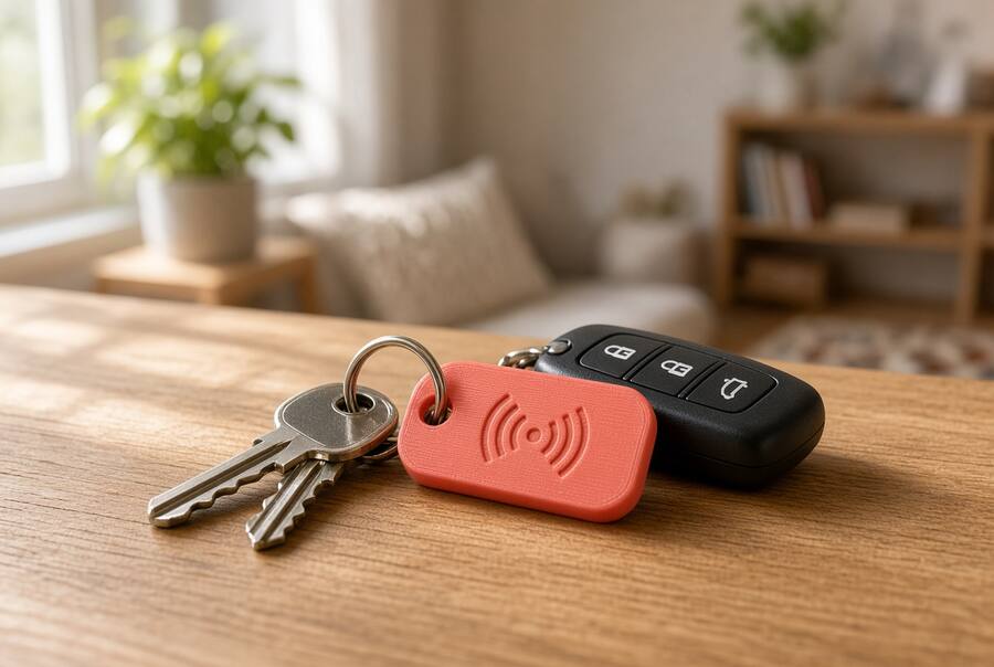 Brelok NFC na pęku kluczy leżący na drewnianym stole