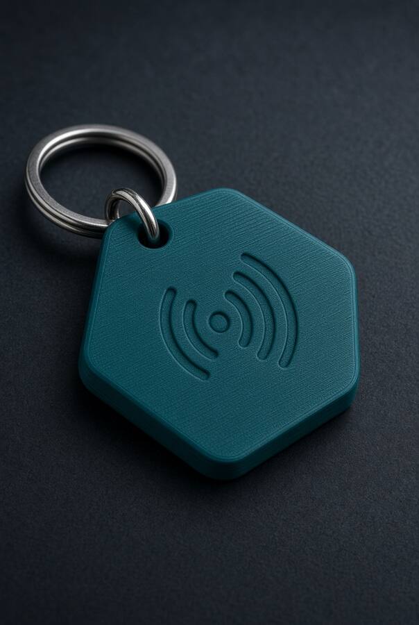 Zbliżenie turkusowego breloka NFC z druku 3D
